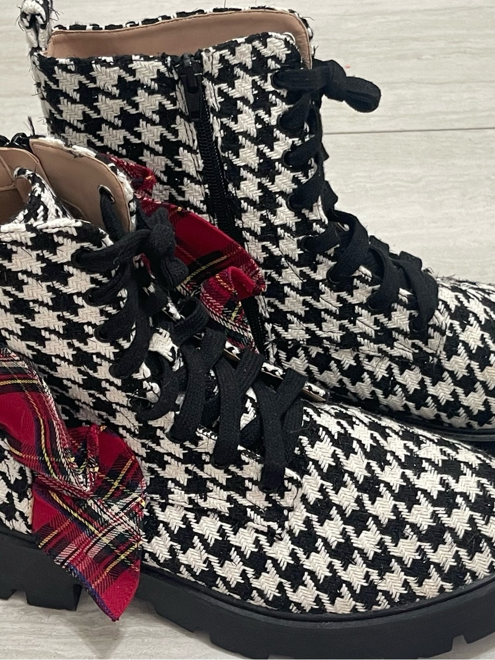 Betsey Johnson Black & White Houndstooth Lace-Up Lug Boots with Red Plaid Bow